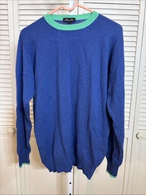 Phineas Cole Men's Cashmere Blue Crewneck Sweater with Green Trim Small